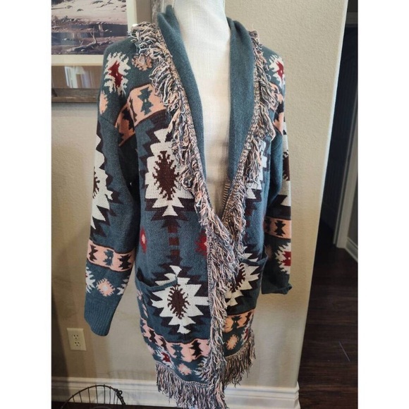 Western Ethnic Pattern Knit Cardigan, Casual Open Front Tassel Trim Sweater XL - Picture 7 of 7